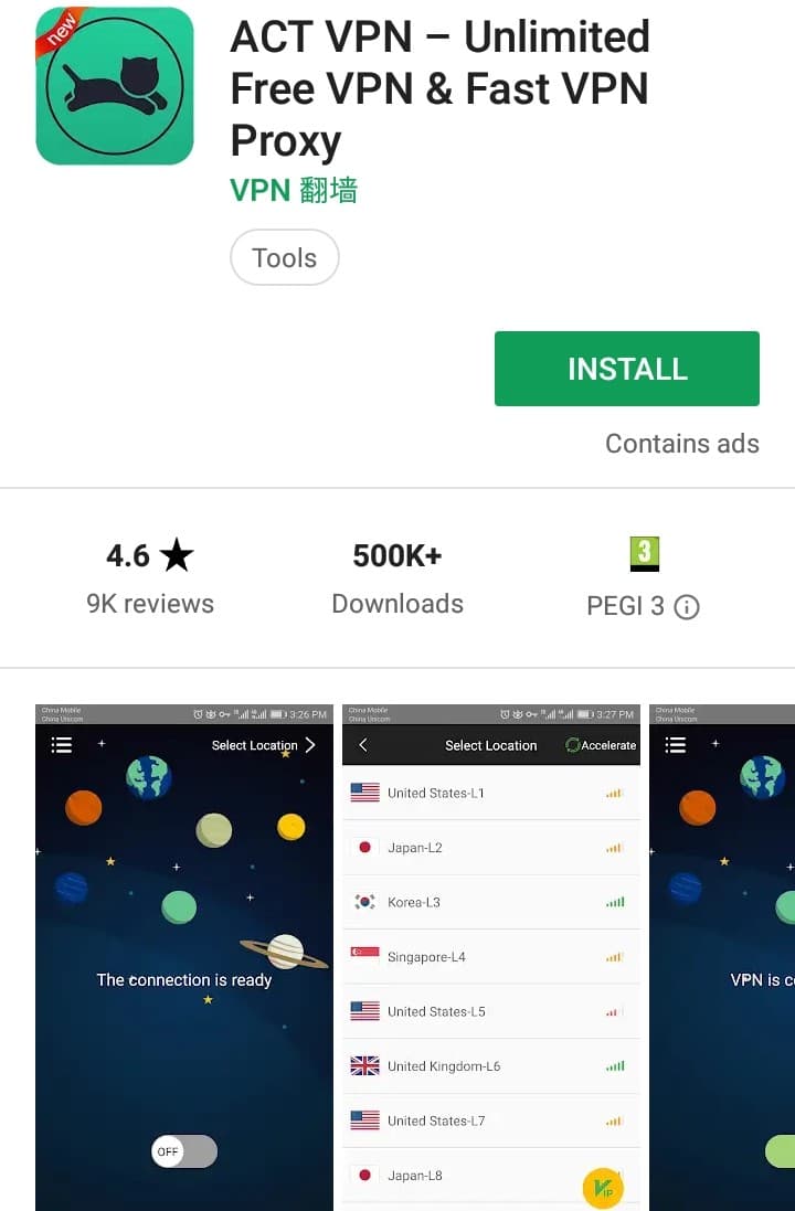 ACT VPN Play Store screenshot