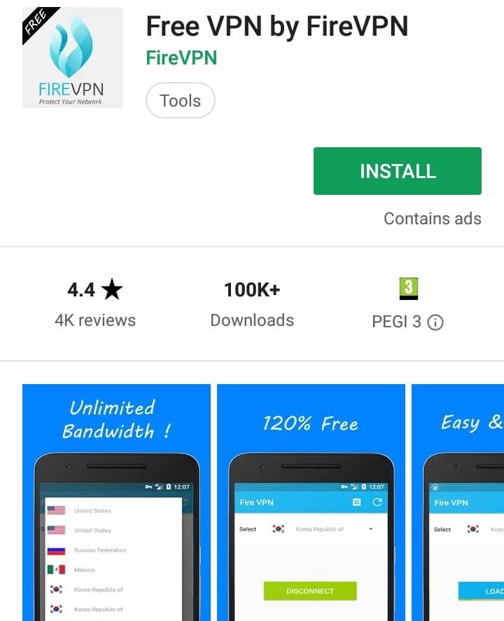 FireVPN Play Store screenshot