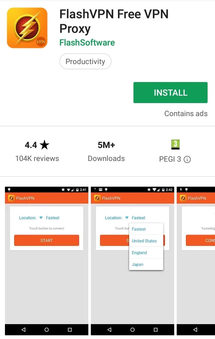 FlashVPN Play Store screenshot
