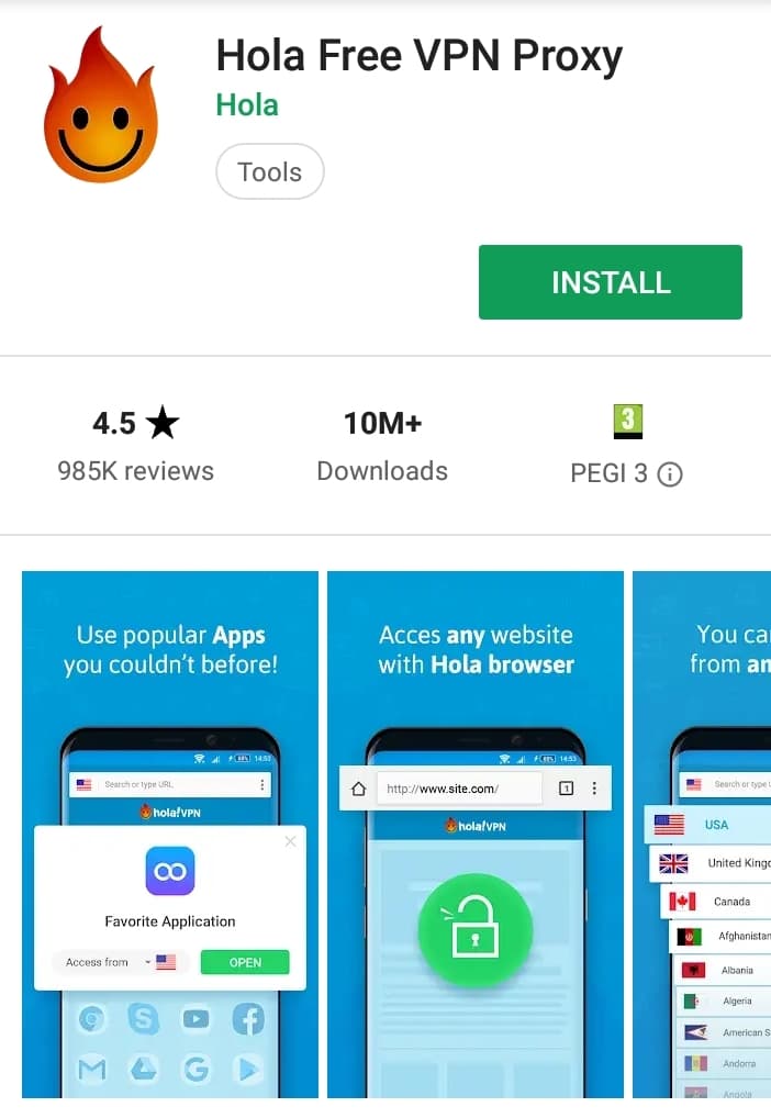 Hola Play Store screenshot