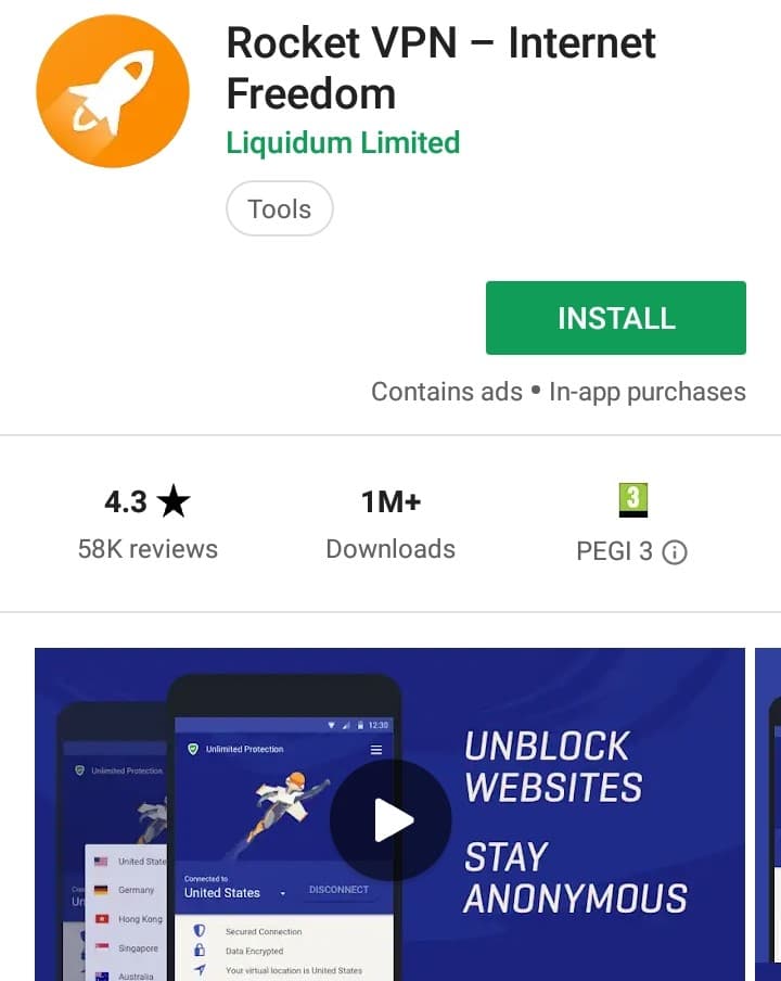 Rocket VPN Play Store screenshot