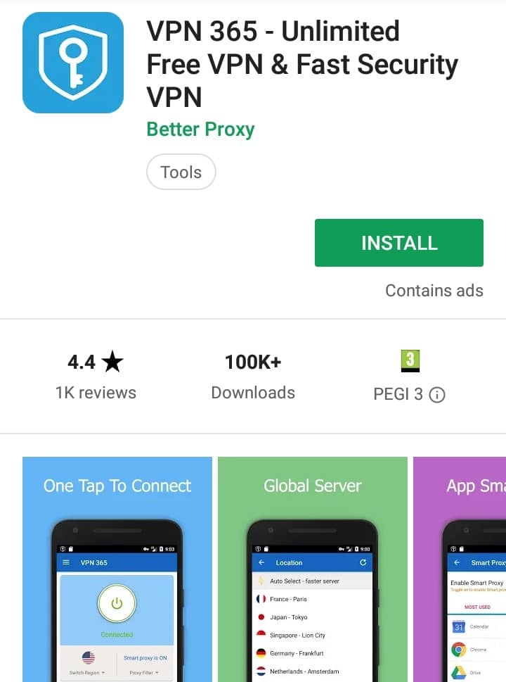 VPN 365 Play Store screenshot
