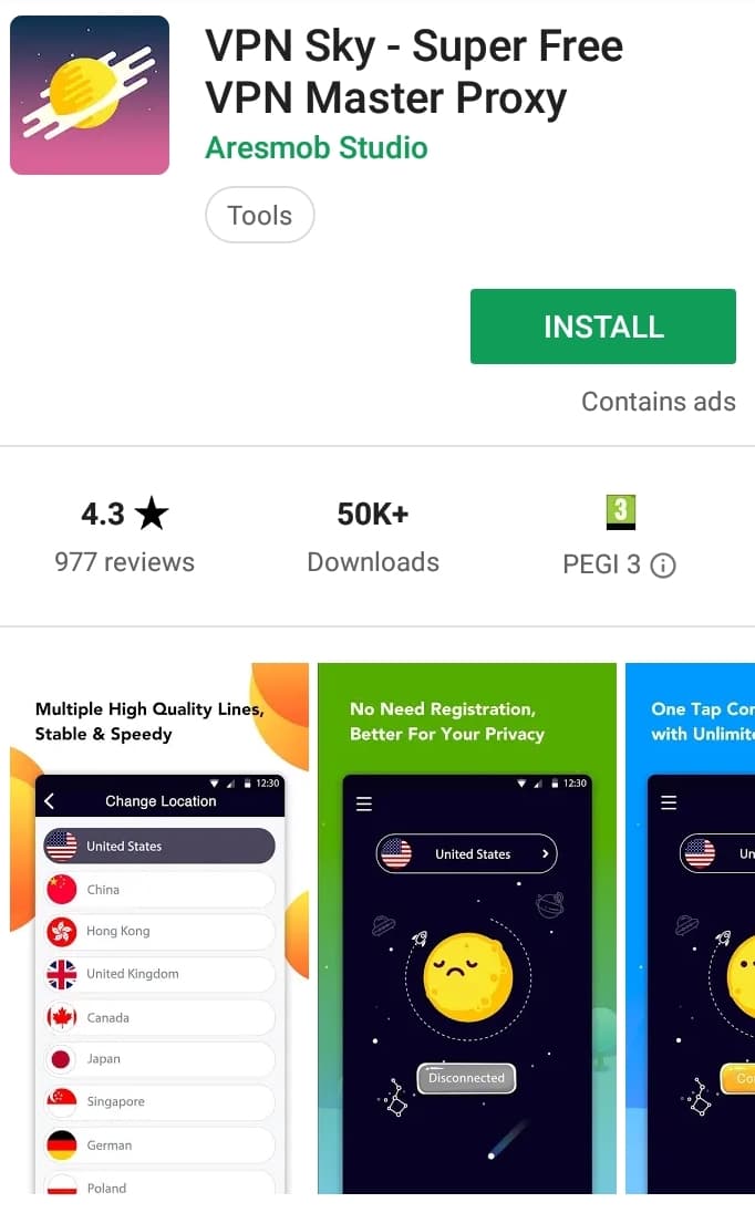 VPN Sky Play Store screenshot