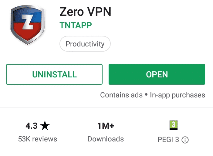 Zero VPN Play Store screenshot