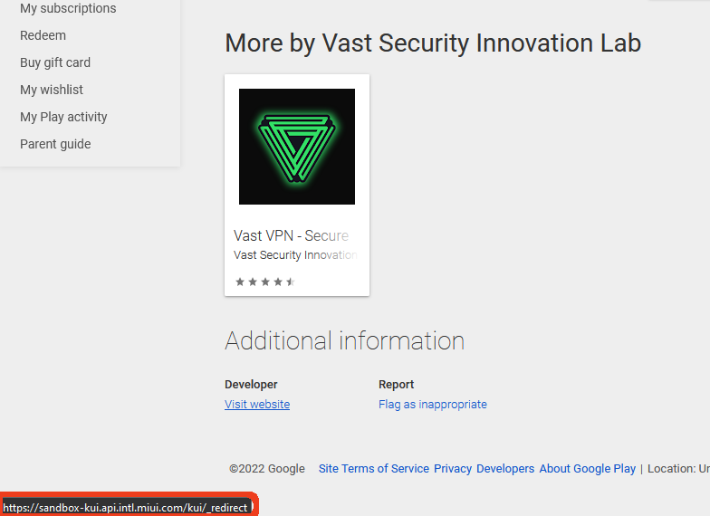 Screenshot of developer website URL on Vast VPN developer page on Play Store