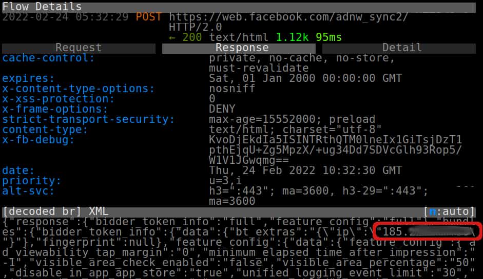 Mitmproxy screencap of IP address collection by Facebook in the Wordus iOS app
