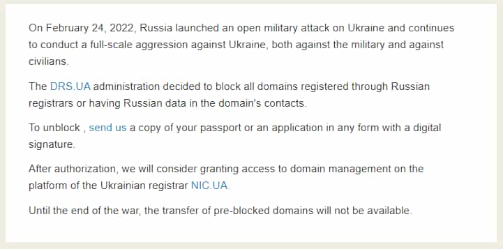 Blocked Russian-registered website on .ua top-level domains that have been hijacked, purportedly by Ukraine state actors