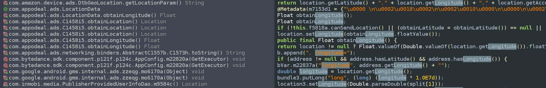 Screenshot of code functions relating to location data collection and tracking from ChatGPT AI Writing Assistant