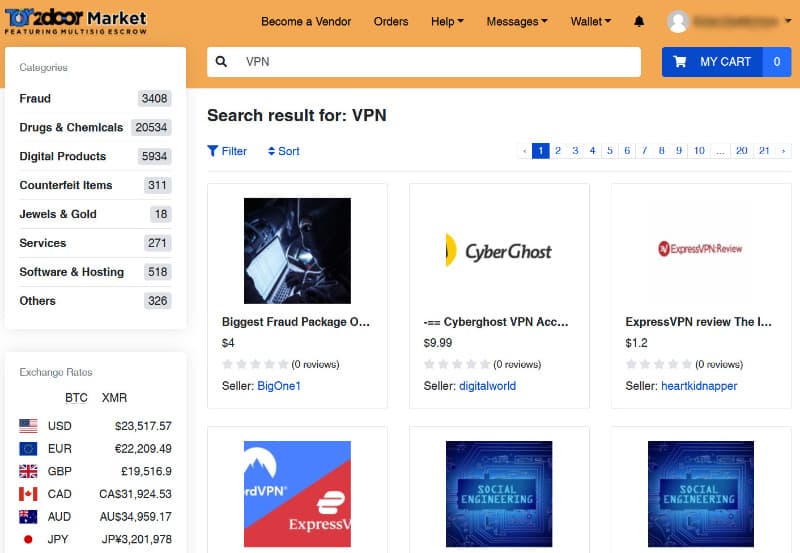 Screenshot of Tor2door darknet market showing listings for VPN accounts