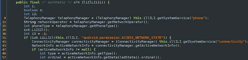 Screenshot of source code in the Rain Proxy Android app that collects data about a user's phone and SIM card