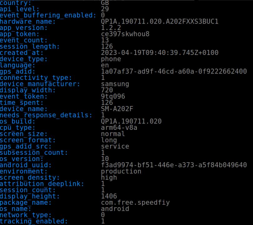 Screenshot of device fingerprinting on the Speedfiy proxy Android app