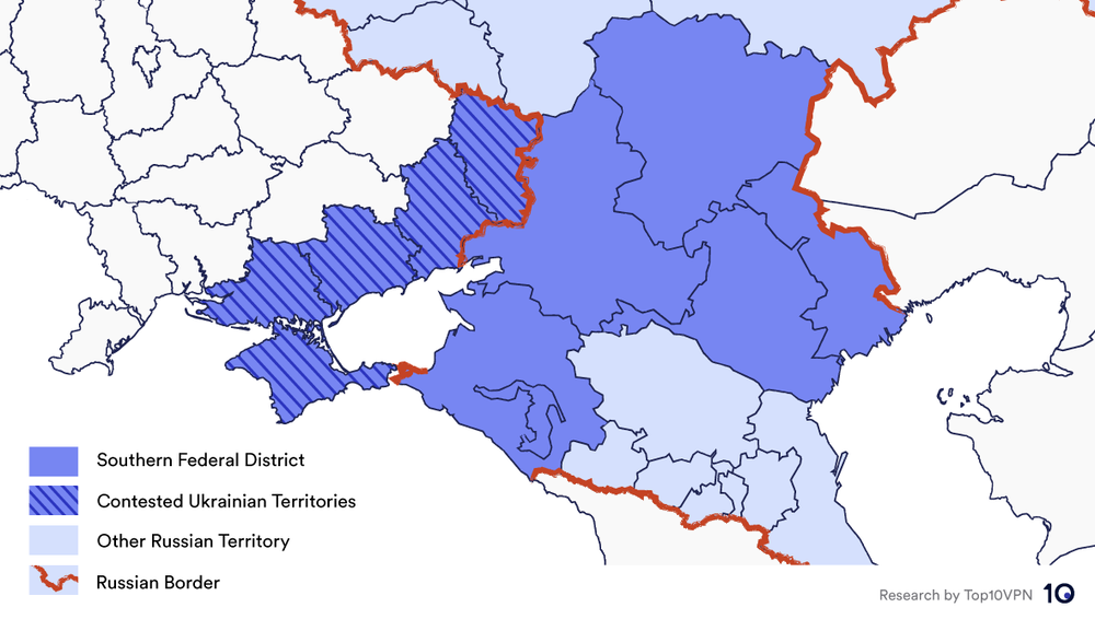 Close up map of Russia's Southern Federal District
