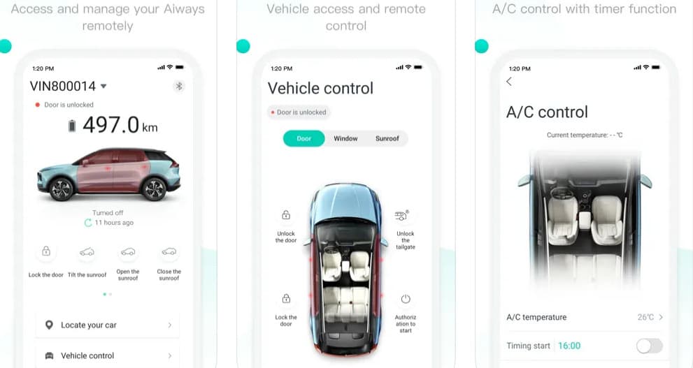 Screenshot of Aiways iOS mobile app showing remote vehicle control options