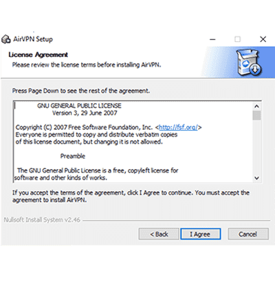 Screenshot of the AirVPN license agreement