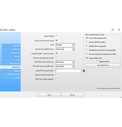 Screenshot of the settings screen on AirVPN's Windows app