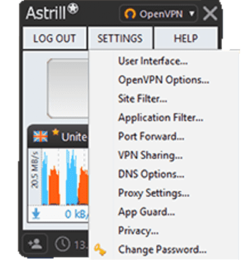 Settings list in the Astrill VPN app