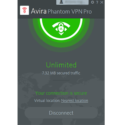 Screenshot of what the Avira Phantom Windows app looks like when you're connected