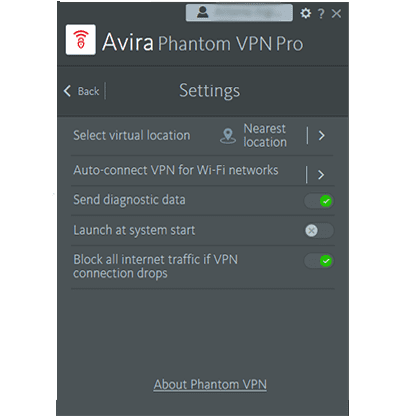 Screenshot of Avira Phantom's settings page in its Windows app
