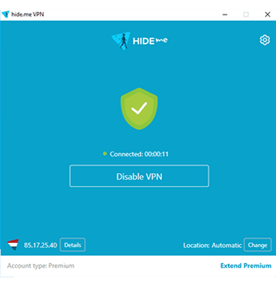 Zrzut ekranu widoku po połączeniu Hide.me w naszej recenzji usługi VPN Hide.me