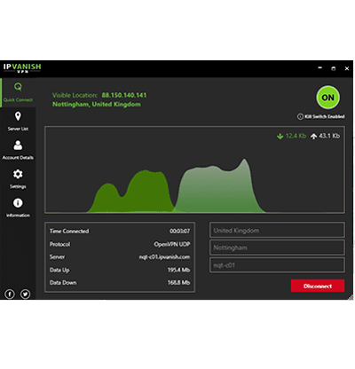 Screenshot of IPVanish's main dashboard on its Windows app