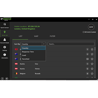 Screenshot of the server location filters in the IPVanish desktop app