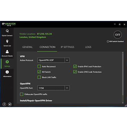 Screenshot of the advanced settings in IPVanish's desktop app