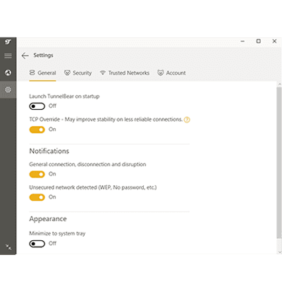 Captura de pantalla de los ajustes de TunnelBear