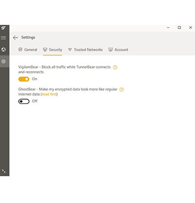 Captura de pantalla de los ajustes de seguridad avanzados de TunnelBear