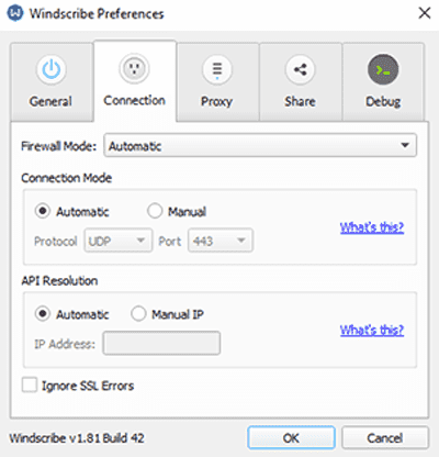 Zrzut ekranu opcji połączenia w aplikacji klasycznej Windscribe