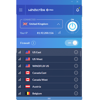 Zrzut ekranu listy serwerów VPN usługi Windscribe