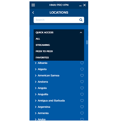 The server list in the HMA Pro VPN app
