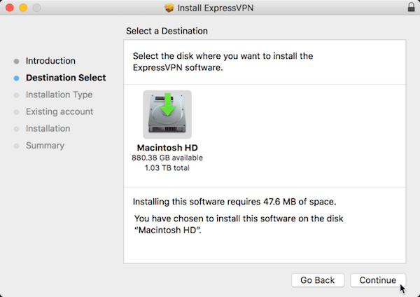 ExpressVPN Mac installation destination window