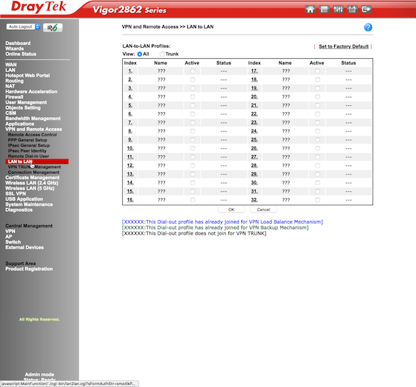 DrayTek LAN-to-LAN screen