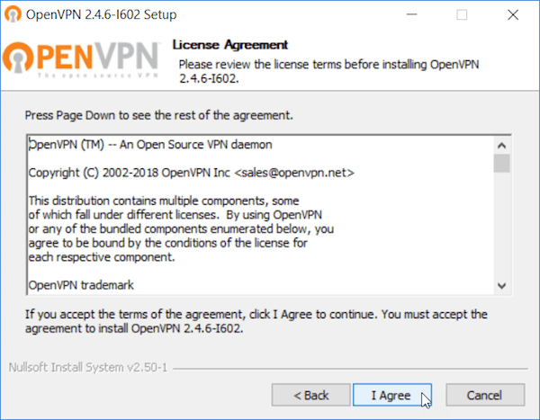 OpenVPN license agreement screen