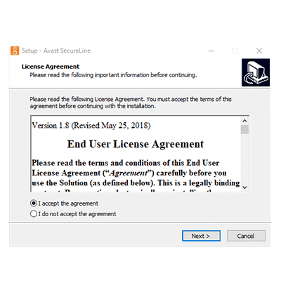 Avast license agreement screenshot in our Avast VPN review
