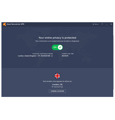 Avast main screen connected view screenshot in our Avast VPN review