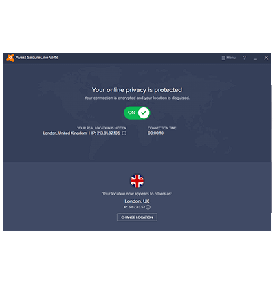 Captura de la pantalla principal de Avast conectado en nuestra reseña de Avast VPN