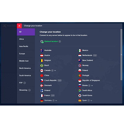 Captura de pantalla de la lista de servidores de Avast en nuestra reseña de Avast VPN