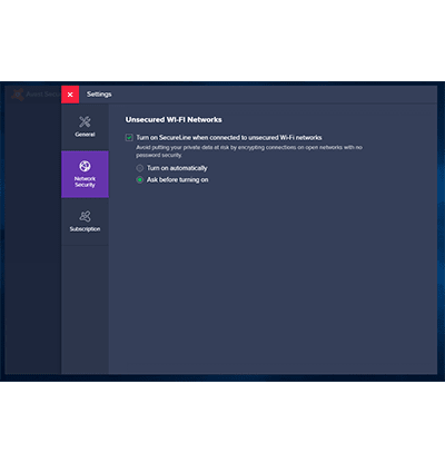 Lista de opciones de configuración de Avast en nuestra reseña de Avast VPN