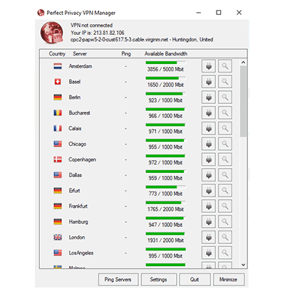 Screenshot of the server list on Perfect Privacy's Windows app
