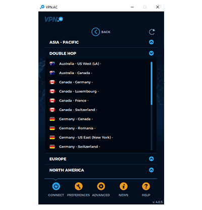 VPN.AC server list screenshot in our VPN.AC VPN review