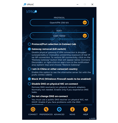 Captura de pantalla de la lista de opciones de configuración de VPN.AC en nuestra reseña de la VPN de VPN.AC