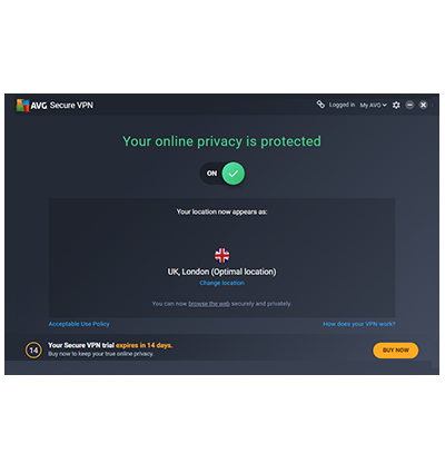 Screenshot of AVG Secure VPN App Connected