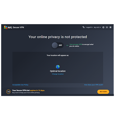 Screenshot of AVG Secure VPN Desktop App Main Screen