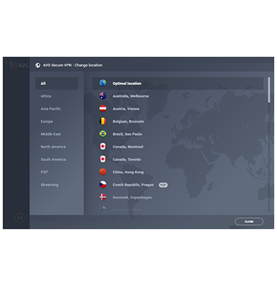 Captura de pantalla de la lista de servidores de AVG Secure VPN
