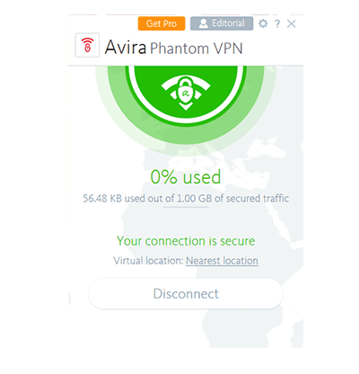Screenshot of what the Avira Phantom Free Windows app looks like when you're connected