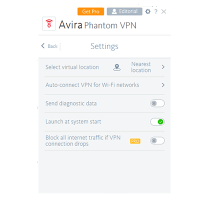 Screenshot of Avira Phantom Free's settings page in its Windows app