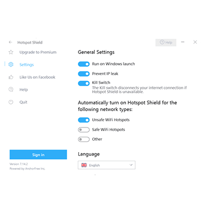 Impostazioni dell'app desktop di Hotspot Shield Gratis VPN