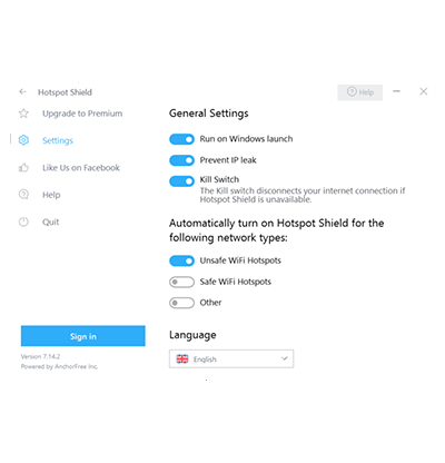 Configurações do aplicativo desktop de VPN grátos do Hotspot Shield