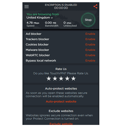 Touch VPN connected view screenshot in our Touch VPN review